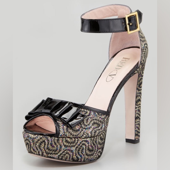 Valentino Shoes - Valentino Red Glitter Peep Toe Pump Platform Heels